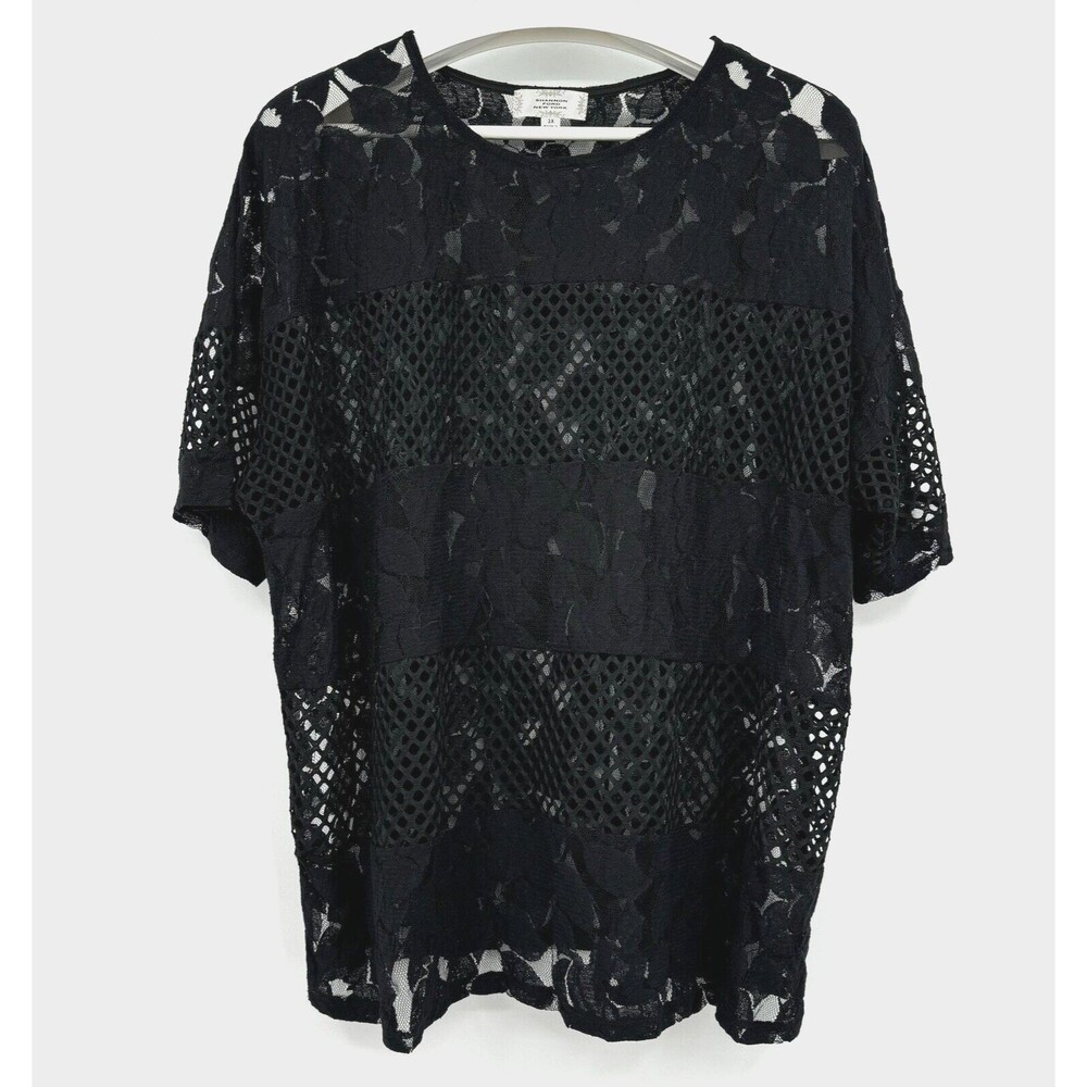 Shannon Ford New York Sheer Top Womens 3X Black Net Floral Lace Short Sleeve